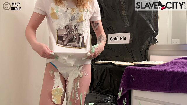 Slender Brunette With A Shaved Pussy Smears Herself With Cakes And Pastries