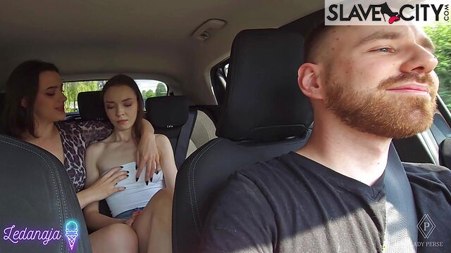 Lady Perse And Ledanaja Drive A Cuckold Crazy Fucking In His Own Car Seat